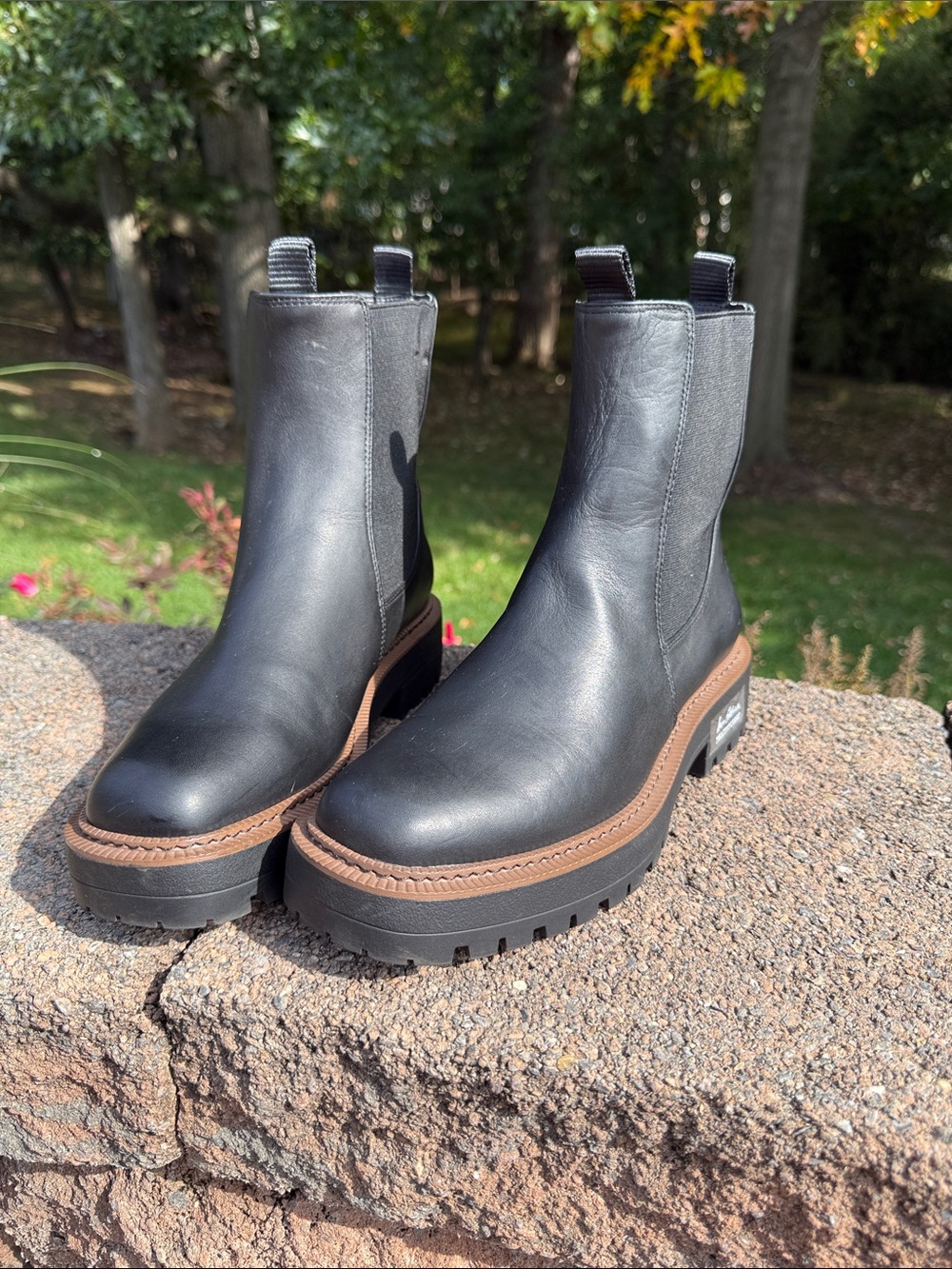 Sam Edelman Black Leather Lug Boots with Brown Trim